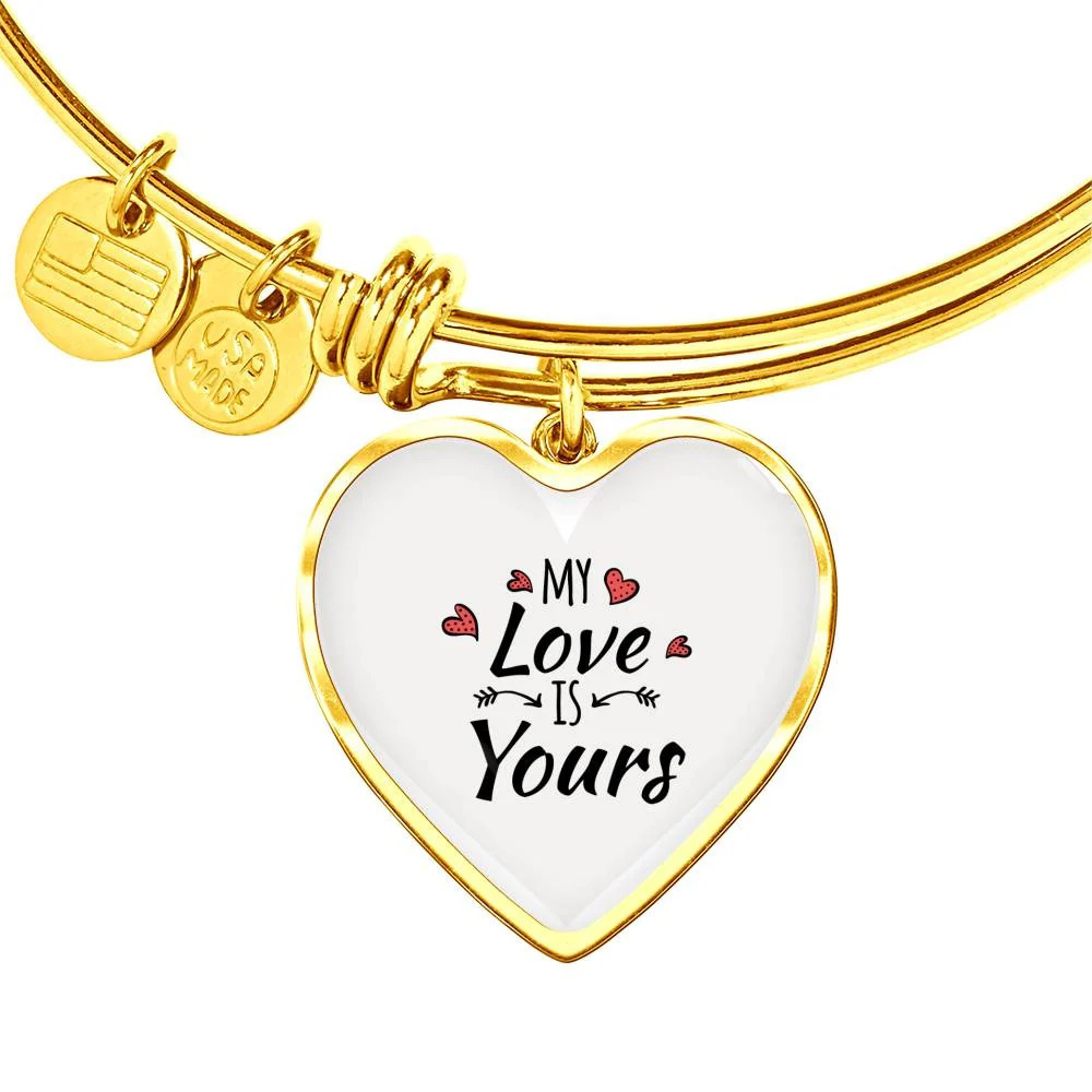 My Love Is Yours Personalized Engraved Gold Heart Bangle Bracelet Custom Name